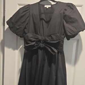 Moon River Black Puff-Sleeve Midi Dress with Waist Bow Size S